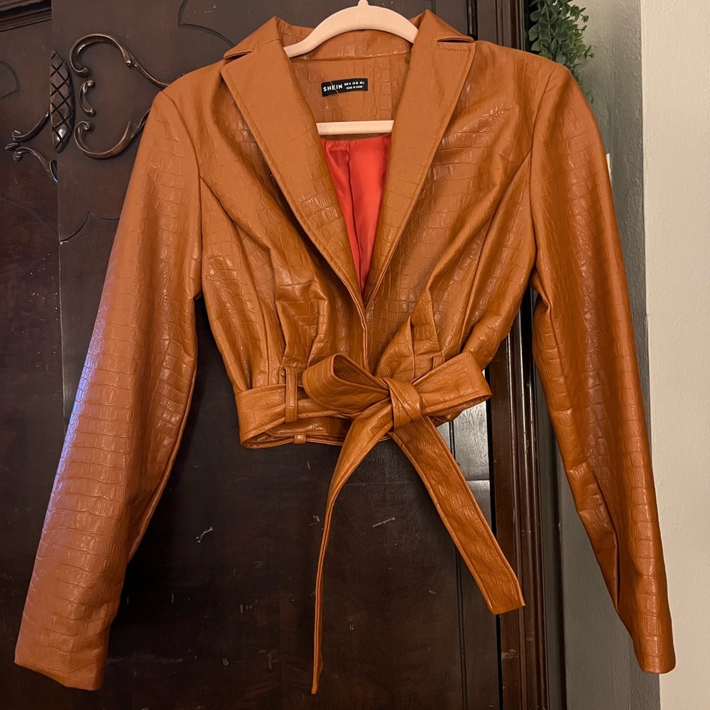 Tan Faux Leather Jacket with Waist Tie. Size Medium